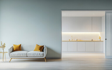 Fototapeta premium Modern living room and kitchen design with minimalist decor and soft lighting in a cozy home