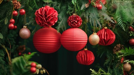A sustainable Chinese New Year decoration featuring handmade red paper lanterns and ornaments crafted from recycled paper, surrounded by greenery.