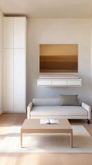 Fototapeta premium Modern minimalist living room with neutral tones and simple furnishings