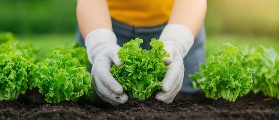 Representing green energy and environmental preservation. Gardener planting fresh lettuce in rich soil under natural light.
