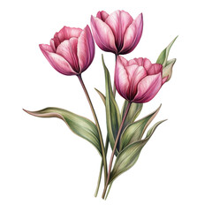 Fototapeta premium A detailed watercolor painting showcases three pink tulips with their stems and leaves against a white background.