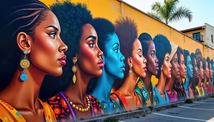 Large city wall mural celebrates African, diaspora history during Black Awareness Day. Colorful portraits of important figures symbolize strength, unity. Vibrant colors, powerful symbols adorn mural.