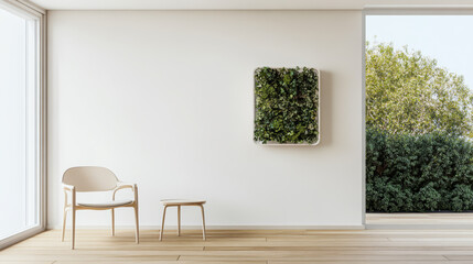 Modern indoor space with greenery and minimalist seating arrangement in natural light