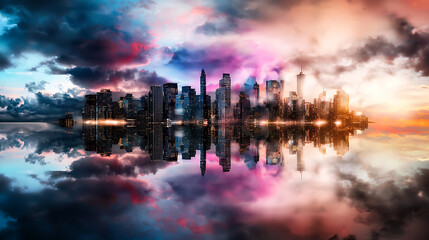 Fototapeta premium vibrant city skyline at sunrise, reflecting on calm waters with colorful clouds