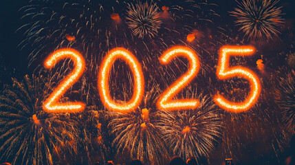 Top - Notch Shot of Fireworks and Glowing "2025" Lights, Setting Enchanting New Year's Scene