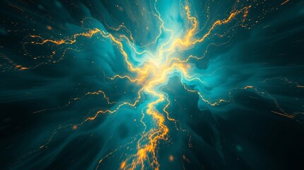 Obraz premium Visually captivating abstract illustration showcasing a teal and gold electric burst, exuding dynamic energy and powerful motion