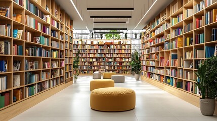 Modern library interior with bookshelves, seating, and natural light.