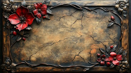 Ornate rectangular frame with red flowers and cracked textured background.
