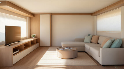 Modern living room interior with neutral colors and minimalistic design in bright sunlight
