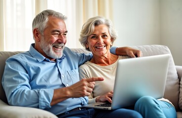 Happy senior couple uses laptop together at home. Enjoying leisure time. Retired man, woman sitting on sofa. Shopping online reading news. Couple relaxed, cheerful. Modern tech in retirement.