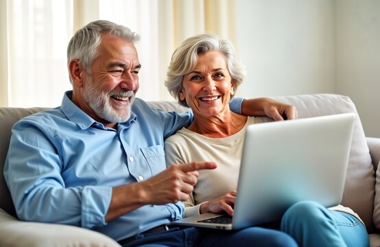 Happy senior couple uses laptop together at home. Enjoying leisure time. Retired man, woman sitting on sofa. Shopping online reading news. Couple relaxed, cheerful. Modern tech in retirement. - Powered by Adobe