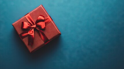 A top-down shot of a red ribbon-wrapped gift box on a blue background, ideal for Christmas or birthday stock photos with space for sale banners.