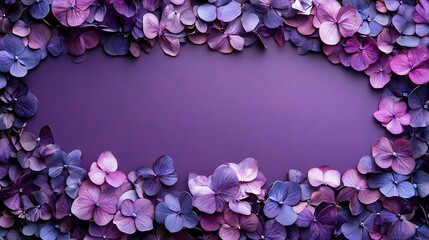 Obraz premium Purple hydrangea petals frame; blank space; floral design; greeting card.
