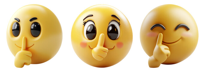 Cute Cartoon Emoji Faces with Shushing Gesture on Transparent Background