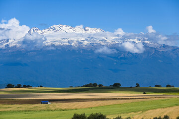 Natural background in the meadow with the Iztaccíhuatl volcano, the third highest mountain in the country, clear sky, hiking trail