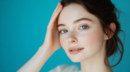 Young Woman with Freckled Skin and Bright Blue Eyes Against Blue Background