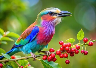 Obraz premium Close-up: A lilac-breasted roller feasts on berries, showcasing vibrant plumage in exotic wildlife photography.