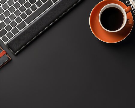 Black background with office essentials keyboard, notebook, coffee cup, ideal for workspace banners with ample text space, top view.