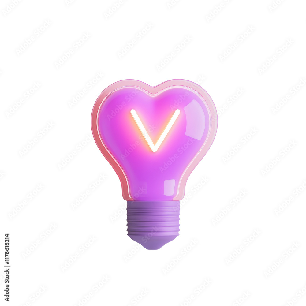 Poster a 3d render of a heart-shaped lightbulb containing a glowing neon v symbol against a white backgroun