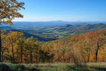 Fototapeta premium Autumnal mountain vista, scenic overlook, fall foliage, valley view, travel poster