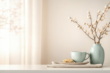 Elegant tabletop arrangement featuring a vase with branches and a cup with cookies