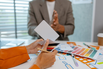 UX graphic designer planning application process development prototype, software development team, copy space, collaboration UX developer and UI designer, team analyzing mobile app interface