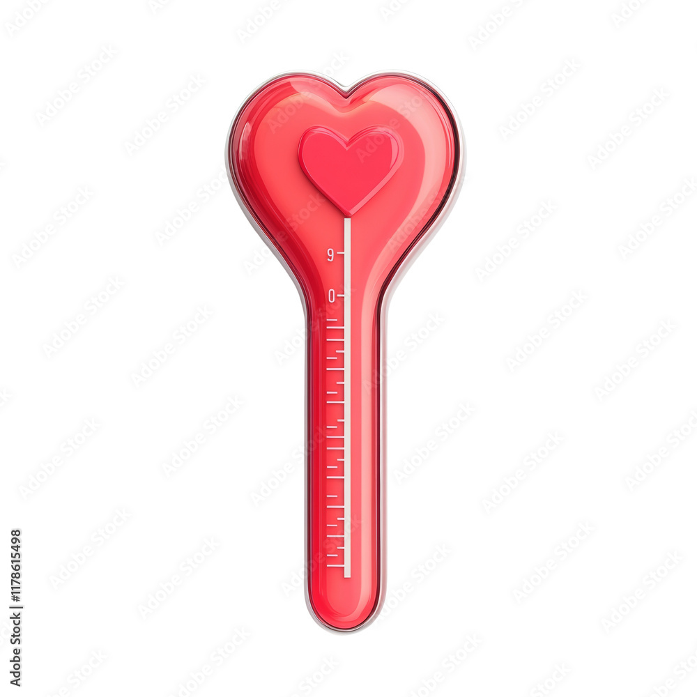 Poster a 3d rendered image of a heart-shaped thermometer indicating a high level of love.