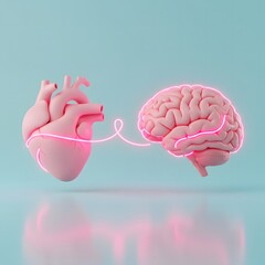 An illustration of a heart and brain connected by a glowing thread. Mental Health. Brain Health. Heart Health. Health concept.