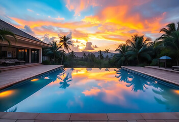 Fototapeta premium Tropical Bliss Sunset Reflections at a Luxury Villa Pool.