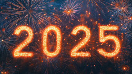 Top - Notch Shot of Fireworks and Glowing "2025" Lights, Setting Enchanting New Year's Scene