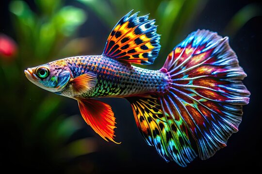 Colorful guppies swim in a dark tank; deep depth of field highlights their tropical beauty.