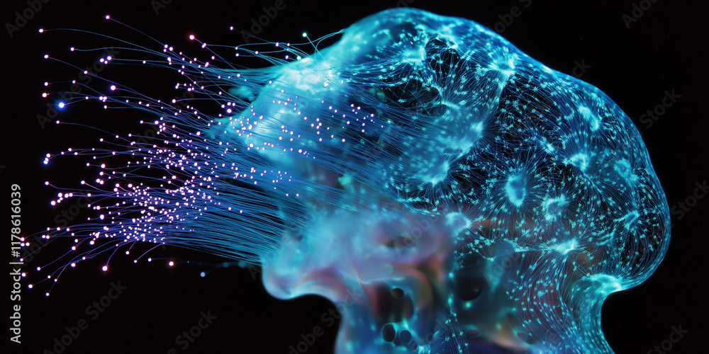 Poster abstract image depicting a headlike form composed of glowing blue fiber optics and interconnected no
