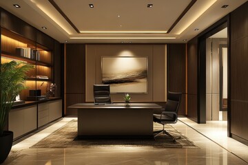 Modern executive office, night, interior design, bookshelves, artwork