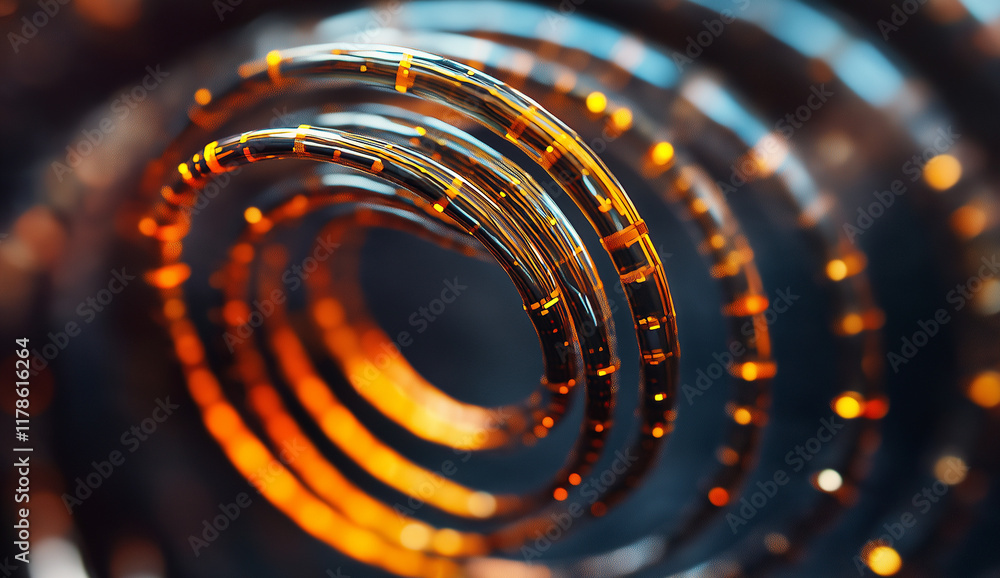 Poster image shows three glowing orange circular cables spiraling, creating an abstract technological or da