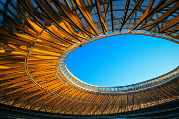 Low angle view of a stadiums interior. Golden wooden beams form a curved roof structure, creating an oval opening to a vibrant blue sky.