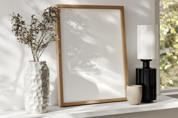 Interior poster mock up with vertical frame in Scandinavian home interior.