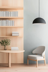 Modern minimalist design with a light wood bookshelf and cozy chair in a peaceful space