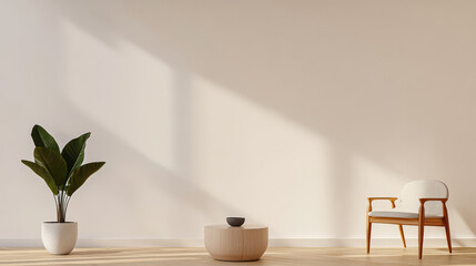 Modern living room interior with minimalist chair and potted plant under soft lighting