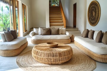 Tropical villa living room, rattan furniture, pool view, sunlight