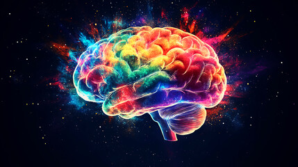 Vibrant Colorful Brain Exploding in Space, a Futuristic Abstract Image, A vibrant, colorful, 3D model of a brain bursts with energy and color against a backdrop of a dark space with sprinkled stars.