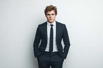 Fototapeta premium Young Man in Formal Suit with Hands in Pockets Against White Background