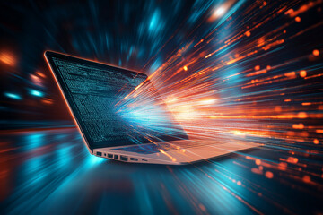 A laptop displays fastmoving digital data streams, vibrant red and blue light streaks. The image depicts rapid data transfer and processing.