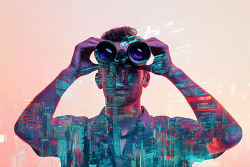 Double exposure image of a man using binoculars, superimposed with a vibrant cityscape at night. Symbolizes urban exploration, future vision, and discovery.