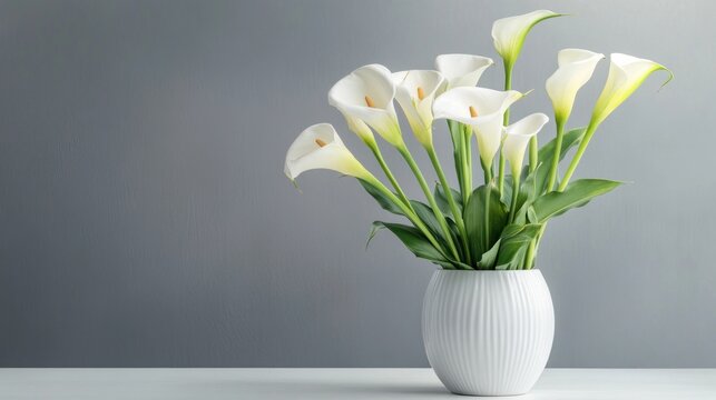 Elegant white calla lilies in a modern vase against a gray background.