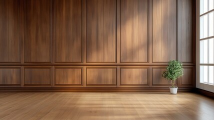 Elegant empty room featuring premium wooden boiserie, perfect for showcasing refined interior design.
