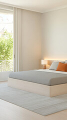 Obraz premium Modern bedroom with natural light and minimalistic design in a serene setting