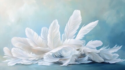 Naklejka premium Soft, white feathers arranged on a light blue background.