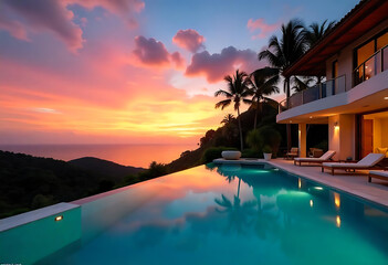 Fototapeta premium Modern Villa with Stunning Pool Views of Tropical Sunsets.