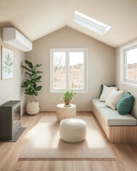 Fototapeta premium Modern minimalist living room with natural light and cozy decor elements