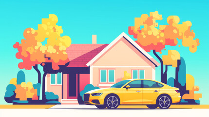 Fototapeta premium Car, Flat design illustration of a yellow car in front of a house, in a simple, minimalistic style. Vector graphics with flat color blocks, creating a cute and cartoonish appearance.